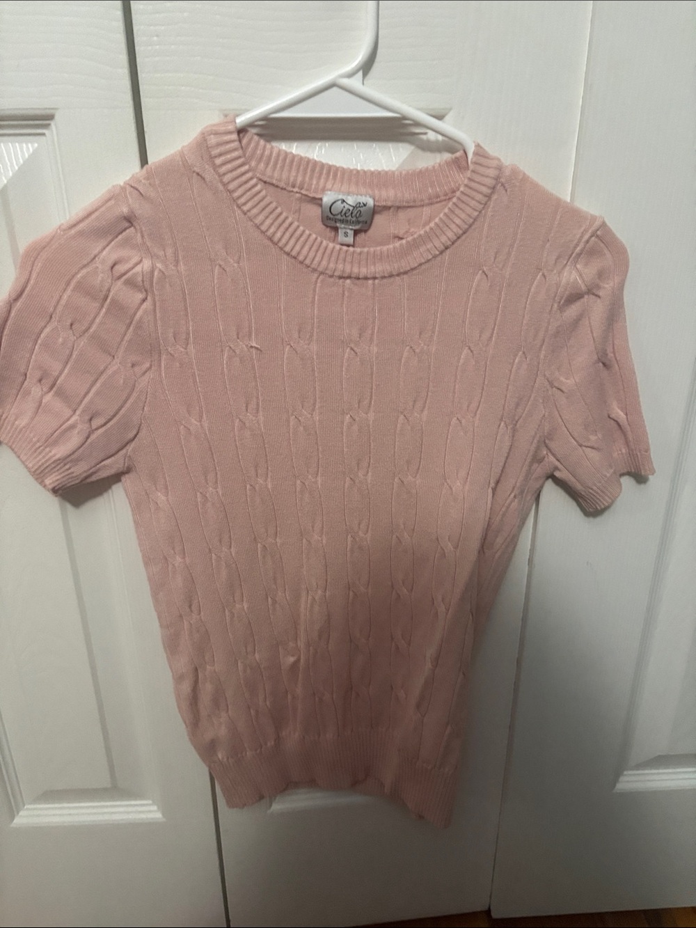 Cielo Soft Pink Cable-Knit Short Sleeve Sweater Tee